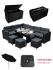 Grey 9-Seater Rattan Corner Dining Set with Glass Table, Cushions & Stools Waterproof Cover, 582L Garden Storage Box, Black 2.4m LED Parasol, & Square Parasol Base Bundle