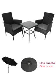 Black Rattan Bistro Set Garden Furniture 3 PCs Patio Weave Companion Outdoor Chairs Table Glass Top Set Conservatory Balcony 2 Seater Grey Cushions Washable Covers UV Protection | FREE Rain Cover, Monster Shop Dark Grey Fan Cantilever Parasol Base Garden 
