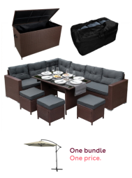 Rattan Corner Dining Set & Garden Storage Box Brown 9-Seater L Sofa Stools Glass Table Large Cushion Furniture Chest 582L Outdoor Patio Steel Frame UV Resistant FREE Waterproof Carry Bag & Rain Cover and 3m Cantilever Garden Parasol Banana Hanging Umbrell