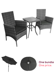 Garden Outdoor Rattan Bistro Set Furniture 3 PCs Patio Weave Companion Chair Table Set Conservatory Balcony 2 Seater Grey FREE Rain Cover, Grey 2.4m LED Tilt Parasol Umbrella Garden Sun Shade Canopy Patio Outdoor 360 Rotation UV Protection Winding Crank A