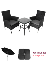 Black Rattan Bistro Set Garden Furniture 3 PCs Patio Weave Companion Outdoor Chairs Table Glass Top Set Conservatory Balcony 2 Seater Grey Cushions Washable Covers UV Protection | FREE Rain Cover, Black 2.4m LED Tilt Parasol Umbrella Garden Sun Shade Cano
