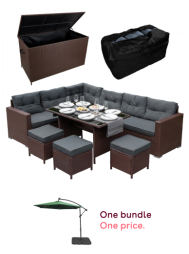Rattan Corner Dining Set & Garden Storage Box Brown 9-Seater L Sofa Stools Glass Table Large Cushion Furniture Chest 582L Outdoor Patio Steel Frame UV Resistant FREE Waterproof Carry Bag & Rain Cover and LED Cantilever Parasol 3m Green Banana Hanging Umbr