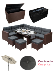 Rattan Corner Dining Set & Garden Storage Box Brown 9-Seater L Sofa Stools Glass Table Large Cushion Furniture Chest 582L Outdoor Patio Steel Frame UV Resistant FREE Waterproof Carry Bag & Rain Cover, Monster Shop Dark Grey Fan Cantilever Parasol Base Gar