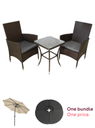 Garden Outdoor Rattan Bistro Set Furniture 3 PCs Patio Weave Companion Chair Table Set Conservatory Balcony 2 Seater Brown FREE Rain Cover, Monster Shop Dark Grey Fan Cantilever Parasol Base Garden Patio Outdoor Umbrella Weight Stand Sand Water Filled Gar
