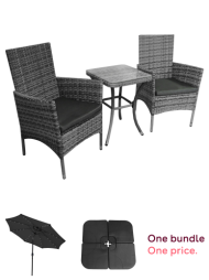 Garden Outdoor Rattan Bistro Set Furniture 3 PCs Patio Weave Companion Chair Table Set Conservatory Balcony 2 Seater Grey FREE Rain Cover, Grey 2.4m LED Tilt Parasol Umbrella Garden Sun Shade Canopy Patio Outdoor 360 Rotation UV Protection Winding Crank A