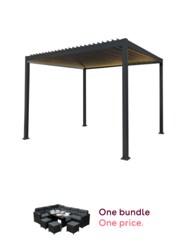 Metal Pergola With LED Lights 3m x 3m Adjustable Canopy Roof Powder Coated Aluminium Outdoor Garden Gazebo Sun Rain Shelter Patio Deck Drainage Weather Resistant Tools & Ground Bolts Grey and Rattan Corner Dining Set Outdoor Garden Furniture Black 9-Seate