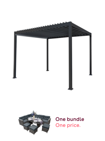 Metal Pergola 3m x 3m Retractable Canopy Roof Powder Coated Aluminium Outdoor Garden Gazebo Sun Rain Shelter Patio Deck Drainage UV Protection Weather Resistant Tools & Ground Bolts Included Dark Grey and Rattan Corner Dining Set Outdoor Garden Furniture 