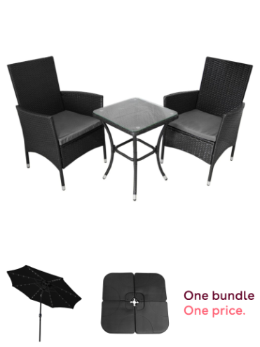 Black Rattan Bistro Set Garden Furniture 3 PCs Patio Weave Companion Outdoor Chairs Table Glass Top Set Conservatory Balcony 2 Seater Grey Cushions Washable Covers UV Protection | FREE Rain Cover, Black 2.4m LED Tilt Parasol Umbrella Garden Sun Shade Cano