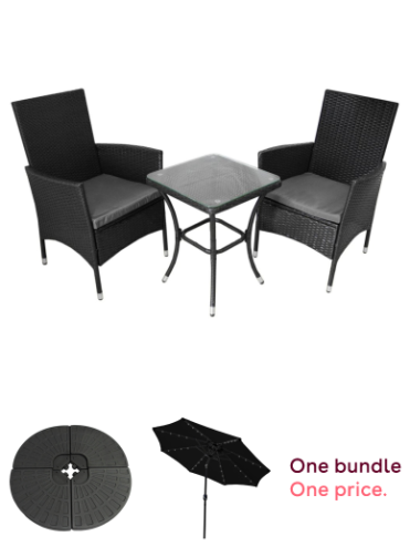 Black Rattan Bistro Set Garden Furniture 3 PCs Patio Weave Companion Outdoor Chairs Table Glass Top Set Conservatory Balcony 2 Seater Grey Cushions Washable Covers UV Protection | FREE Rain Cover, Monster Shop Dark Grey Fan Cantilever Parasol Base Garden 