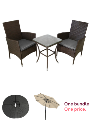 Garden Outdoor Rattan Bistro Set Furniture 3 PCs Patio Weave Companion Chair Table Set Conservatory Balcony 2 Seater Brown FREE Rain Cover, Monster Shop Dark Grey Fan Cantilever Parasol Base Garden Patio Outdoor Umbrella Weight Stand Sand Water Filled Gar