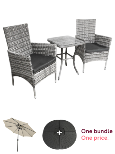 Garden Outdoor Rattan Bistro Set Furniture 3 PCs Patio Weave Companion Chair Table Set Conservatory Balcony 2 Seater Light Grey FREE Rain Cover, Cream 2.4m LED Tilt Parasol Umbrella Garden Sun Shade Canopy Patio Outdoor 360 Rotation UV Protection Winding 