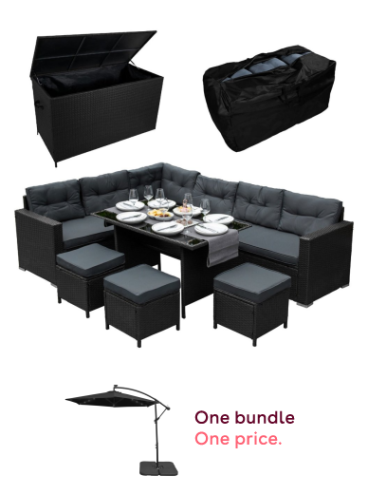 Rattan Corner Dining Set & Garden Storage Box Black 9-Seater L Sofa Stools Glass Table Large Cushion Furniture Chest 582L Outdoor Patio Steel Frame UV Resistant FREE Waterproof Carry Bag & Rain Cover and Black LED Cantilever Parasol 3m Banana Hanging Umbr