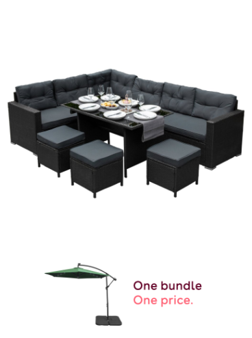 Rattan Corner Dining Set Outdoor Garden Furniture Black 9-Seater L Shape Sofa Stools Tempered Glass Table UV Protected Waterproof Grey Seat Back Cushions Patio Conservatory Lounge FREE Rain Cover and LED Cantilever Parasol 3m Green Banana Hanging Umbrella