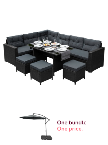 Rattan Corner Dining Set Outdoor Garden Furniture Black 9-Seater L Shape Sofa Stools Tempered Glass Table UV Protected Waterproof Grey Seat Back Cushions Patio Conservatory Lounge FREE Rain Cover and LED Cantilever Parasol 3m Grey Banana Hanging Umbrella 