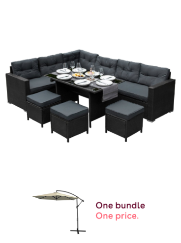 Rattan Corner Dining Set Outdoor Garden Furniture Black 9-Seater L Shape Sofa Stools Tempered Glass Table UV Protected Waterproof Grey Seat Back Cushions Patio Conservatory Lounge FREE Rain Cover and 3m Cantilever Garden Parasol Banana Hanging Umbrella Wi