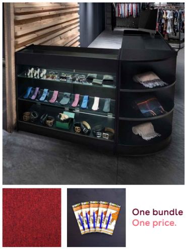 Retail Bundle: Black Astro LED Shop Counter, 40 Scarlet Red Heavy Duty Carpet Tiles (10m²), & 5 Counterfeit Money Detector Pens