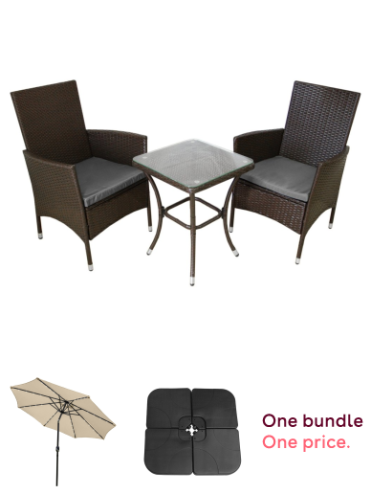 3 Piece Brown Rattan Garden Bistro Set with 2.4m Cream LED Tilt Parasol & Square Parasol Base – Outdoor Furniture Bundle