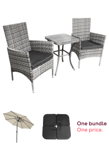 3 Piece Grey Rattan Garden Bistro Set with 2.4m Cream LED Tilt Parasol & Parasol Base – Outdoor Furniture Bundle