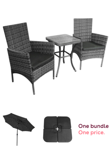 3 Piece Grey Rattan Garden Bistro Set with 2.4m LED Tilt Parasol & Parasol Base – Outdoor Furniture Bundle