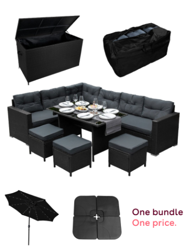 Grey 9-Seater Rattan Corner Dining Set with Glass Table, Cushions & Stools Waterproof Cover, 582L Garden Storage Box, Black 2.4m LED Parasol, & Square Parasol Base Bundle
