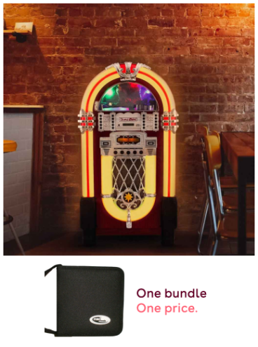 Retro Style Illuminated Jukebox Sound System with Bluetooth & FM Radio + 48 CD/DVD Carry Case – Vintage Music Player with LED Lights, USB, AUX & Remote Control Bundle