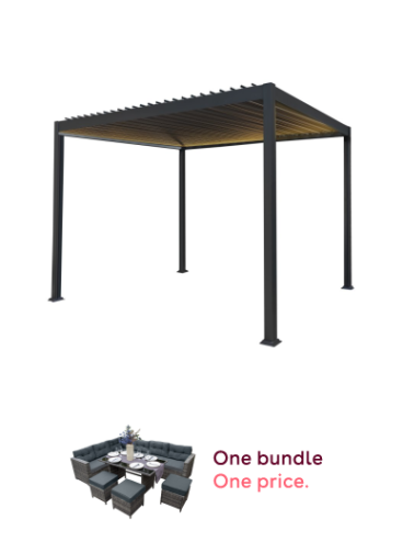 3m x 3m Grey Metal Pergola with LED Lights & Adjustable Canopy Roof & 9-Seater Black Rattan Corner Dining Set with Stools & Glass Table Bundle