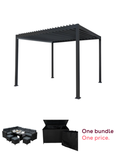 3m x 3m Grey Metal Pergola with Adjustable Canopy Roof, 9-Seater Black Rattan Corner Dining Set with Stools & Glass Table, & 582L Black Rattan Garden Storage Box Bundle