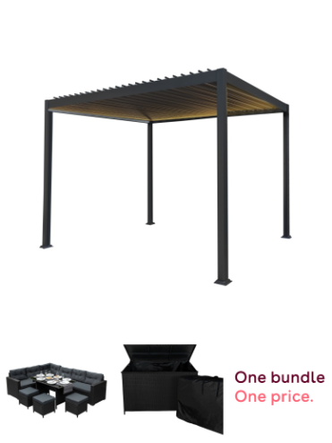 3m x 3m Grey Metal Pergola with LED Lights & Adjustable Canopy Roof, 9-Seater Black Rattan Corner Dining Set with Stools & Glass Table, & 582L Black Rattan Garden Storage Box Bundle