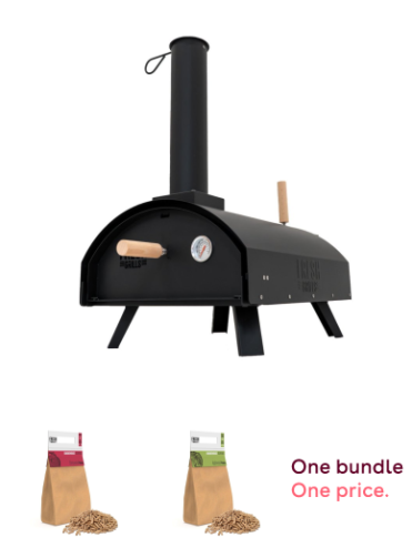 Black Multi-Fuel Pizza Oven, Applewood & Cherrywood Wood Pellets (3x2 kg) Bundle Image
