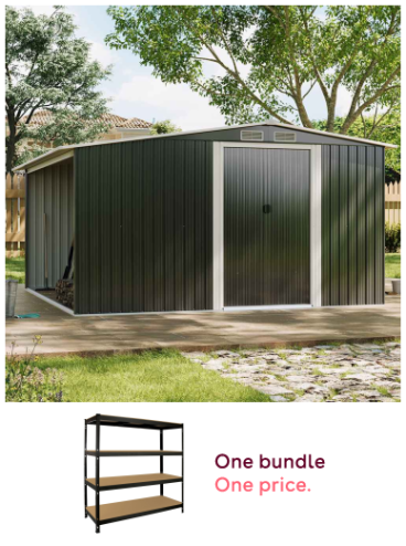 8ft x 8ft Black Metal Garden Shed with Log Storage + Monster Racking Q-Rax Heavy Duty Garage Shelving Bundle