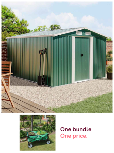 10.24 x 8.43FT Large Green Metal Garden Tool Storage Shed + Foldable Heavy Duty Garden Cart Bundle