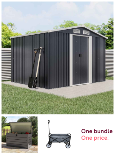 8.46 x 6.79FT Large Anthracite Metal Garden Tool Shed + 350L Lockable Storage Box + Foldable Garden Cart Bundle