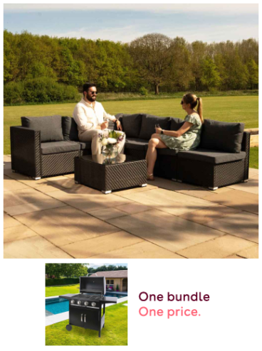 Rattan Garden Corner Furniture Set 7-Piece Black 5-Seater Sofa with Cushions & Glass Coffee Table + 4-Burner Gas BBQ Grill Bundle