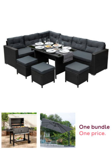 9-Seater Rattan Garden Corner Sofa Dining Set + Charcoal BBQ Grill Bundle + 3M Cantilever Parasol Bundle