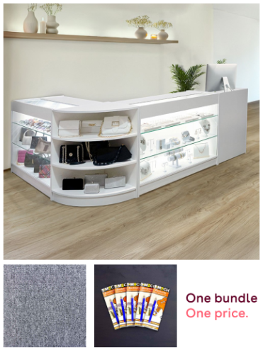Retail Bundle: White Astro LED Shop Counter, 40 Platinum Grey Heavy Duty Carpet Tiles (10m²), & 5 Counterfeit Money Detector Pens