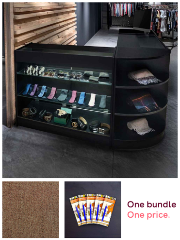 Retail Bundle: Black Astro LED Shop Counter, 40 Sand Heavy Duty Carpet Tiles (10m²), & 5 Counterfeit Money Detector Pens