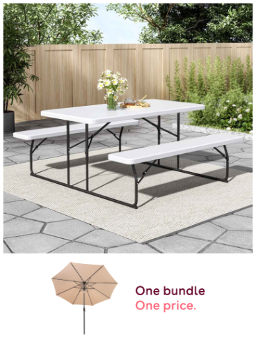 White Foldable Picnic Table and Bench Set + Beige LED Tilt Parasol 2.7m