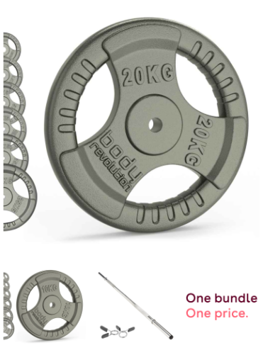 Body Revolution 1” Straight Barbell Set – 1.2m Bar with Spring Collars, 20kg & 10kg Cast Iron Tri-Grip Weight Plates Weight Training Bundle