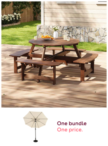 Round Picnic Table + Cream Parasol Bundle