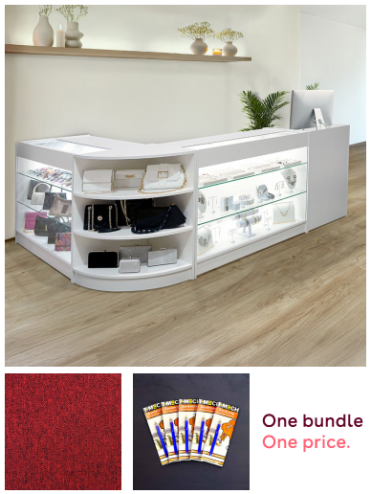 Retail Bundle: White Astro LED Shop Counter, 40 Scarlet Red Heavy Duty Carpet Tiles (10m²), & 5 Counterfeit Money Detector Pens