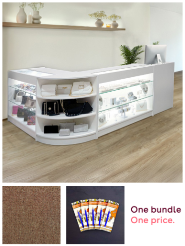 Retail Bundle: White Astro LED Shop Counter, 40 Sand Heavy Duty Carpet Tiles (10m²), & 5 Counterfeit Money Detector Pens
