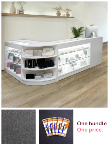 Retail Bundle: White Astro LED Shop Counter, 40 Anthracite Grey Heavy Duty Carpet Tiles (10m²), & 5 Counterfeit Money Detector Pens