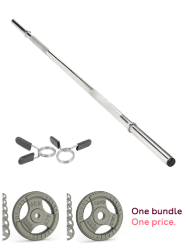 Body Revolution 1” Straight Barbell Set – 1.2m Bar with Spring Collars, 5kg & 1.25kg Cast Iron Tri-Grip Weight Plates Weight Training Bundle
