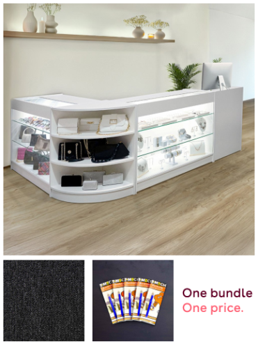 Retail Bundle: White Astro LED Shop Counter, 40 Charcoal Black Heavy Duty Carpet Tiles (10m²), & 5 Counterfeit Money Detector Pens