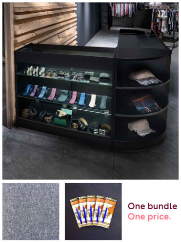 Retail Bundle: Black Astro LED Shop Counter, 40 Platinum Grey Heavy Duty Carpet Tiles (10m²), & 5 Counterfeit Money Detector Pens