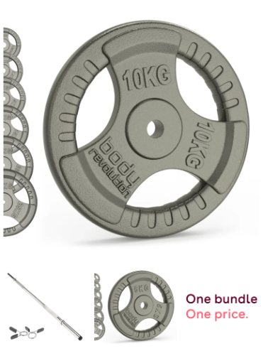 Body Revolution 1” Straight Barbell Set – 1.2m Bar with Spring Collars, 10kg & 5kg Cast Iron Tri-Grip Weight Plates Weight Training Bundle