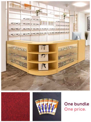 Retail Bundle: Maple Astro LED Shop Counter, 40 Scarlet Red Heavy Duty Carpet Tiles (10m²), & 5 Counterfeit Money Detector Pens