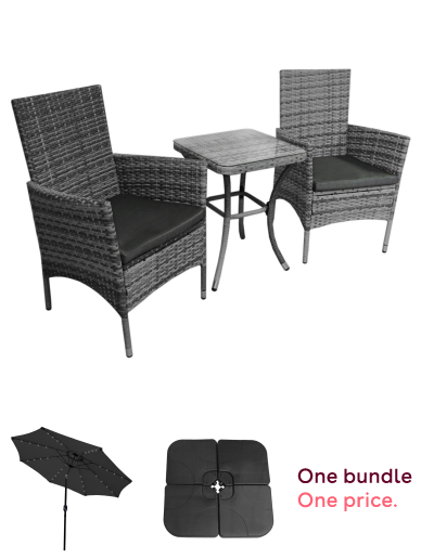 Garden Outdoor Rattan Bistro Set Furniture 3 PCs Patio Weave Companion Chair Table Set Conservatory Balcony 2 Seater Grey FREE Rain Cover, Grey 2.4m LED Tilt Parasol Umbrella Garden Sun Shade Canopy Patio Outdoor 360 Rotation UV Protection Winding Crank A