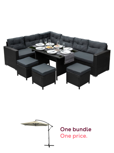 Rattan Corner Dining Set Outdoor Garden Furniture Black 9-Seater L Shape Sofa Stools Tempered Glass Table UV Protected Waterproof Grey Seat Back Cushions Patio Conservatory Lounge FREE Rain Cover and 3m Cantilever Garden Parasol Banana Hanging Umbrella Wi