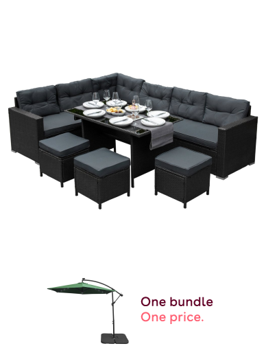 Rattan Corner Dining Set Outdoor Garden Furniture Black 9-Seater L Shape Sofa Stools Tempered Glass Table UV Protected Waterproof Grey Seat Back Cushions Patio Conservatory Lounge FREE Rain Cover and LED Cantilever Parasol 3m Green Banana Hanging Umbrella